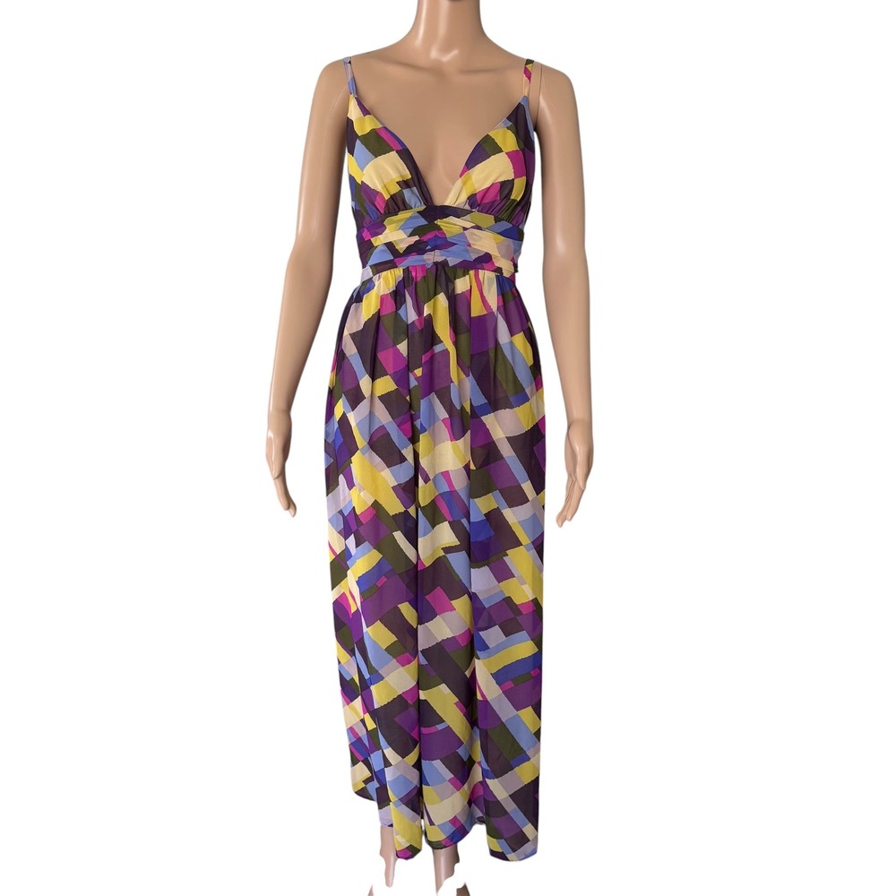 Moda International Y2K Geometric Abstract Babydoll Maxi Dress Open Back M Retro